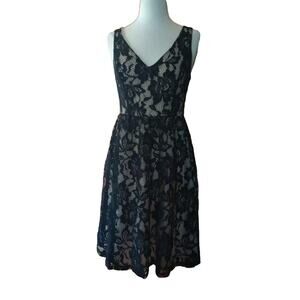 Anthropologie Champagne and Strawberry Lace Dress Sz S Overlay black Nude Flare